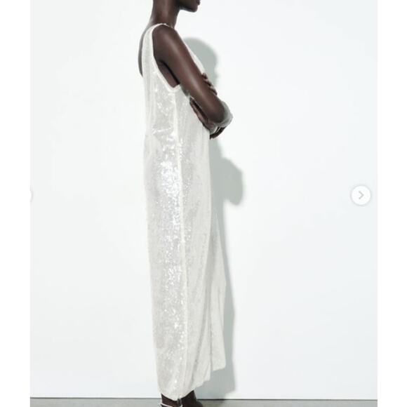 Zara Sleeveless V Neck Sequined Maxi Dress White Size XS - Picture 2 of 11
